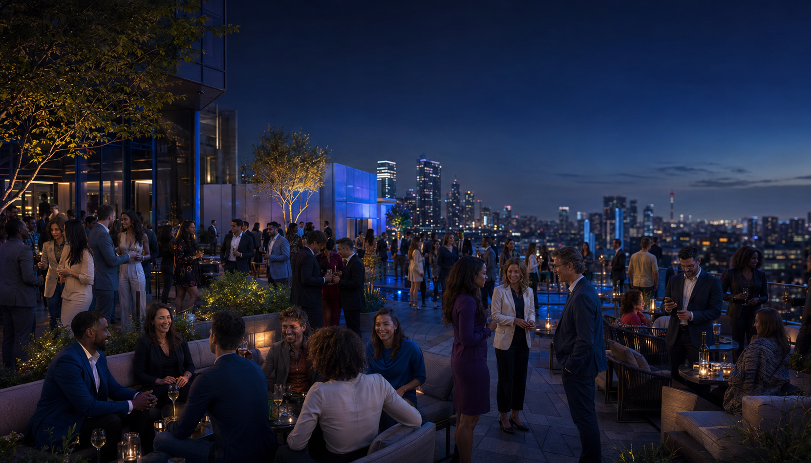 Friends and communities gathering in an elevated social plaza.